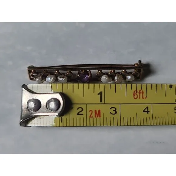 Antique 14K Yellow Gold Amethyst & Natural Pearl Bar Brooch - Picture 8 of 10